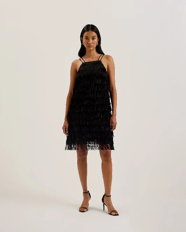 Bartin Fringe Halter Neck Mini Dress Black