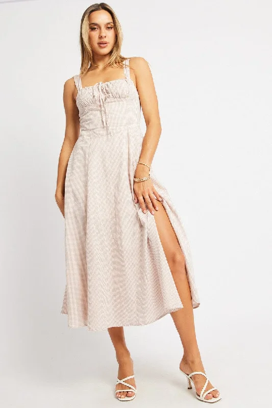 Beige Check Midi Dress Gathered Bust