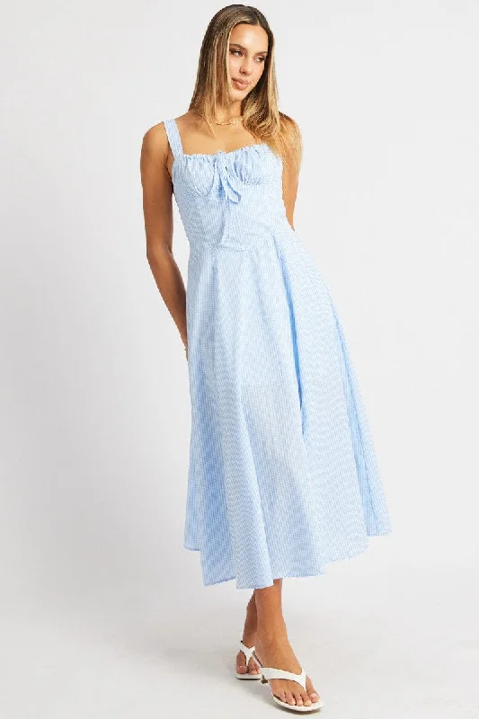 Blue Check Midi Dress Gathered Bust