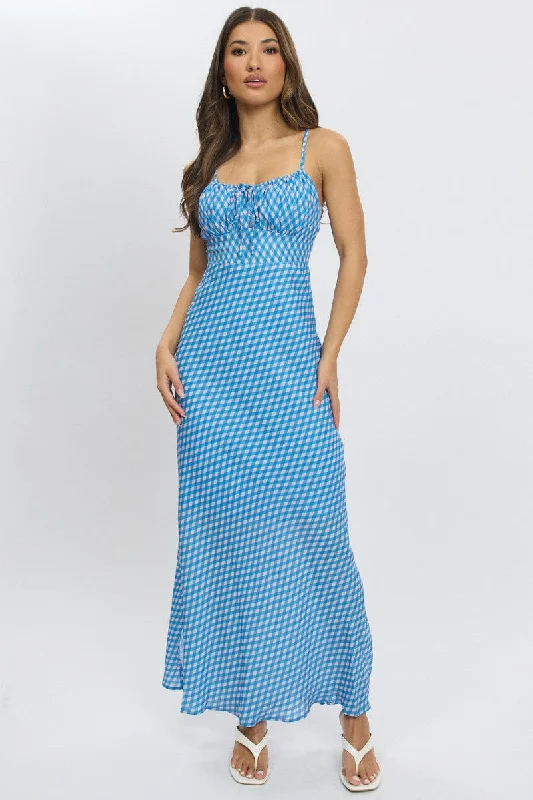 Blue Check Midi Dress Gathering Bust Sleeveless