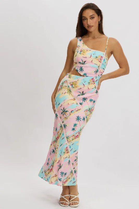 Multi Abstract Maxi Dress Cut Out Detail