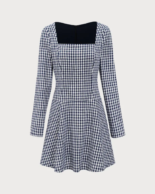 Navy Square Neck Plaid Mini Dress