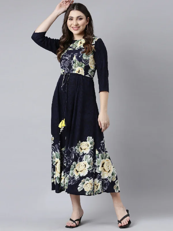 Neerus Navy Blue Straight Casual Floral Maxi Dresses