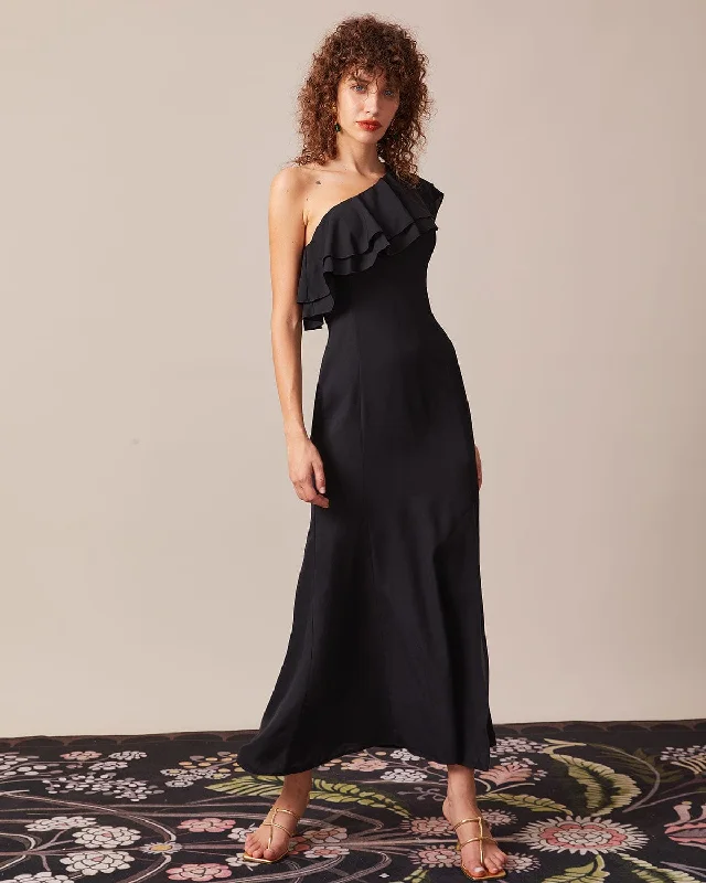 The Black One Shoulder Flounce Maxi Dress