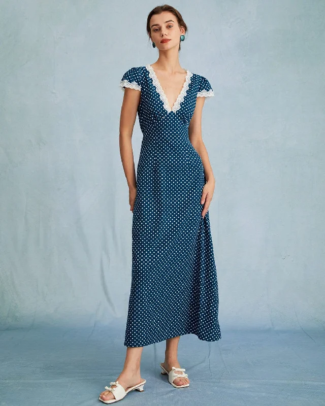 The Navy V Neck Polka Dot Lace Ruched Maxi Dress