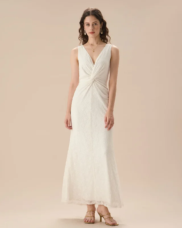 White Lace Twist Backless Maxi Dress