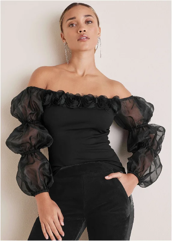 Rosette Puff-Sleeve Top - Black