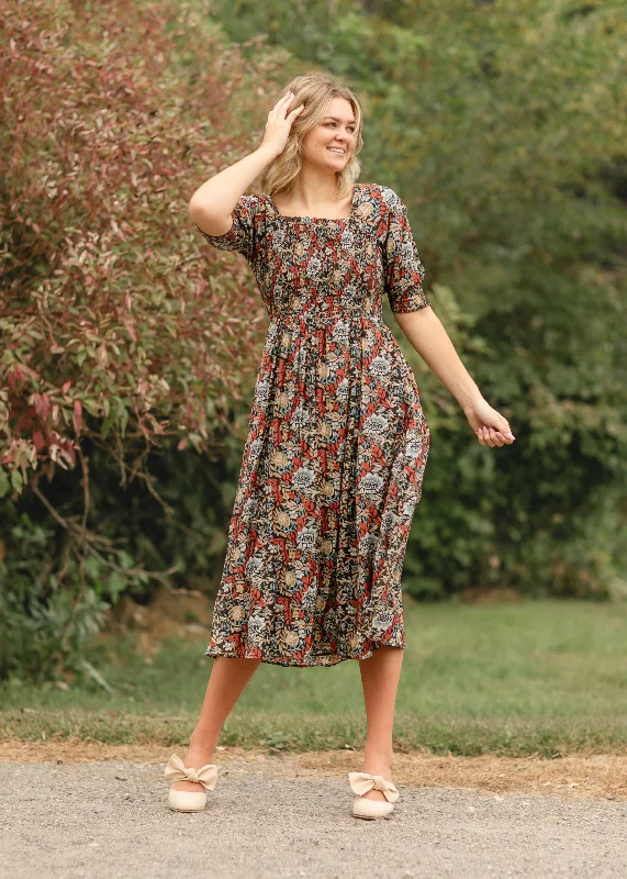 Square Neck Smocked Floral Midi Dress