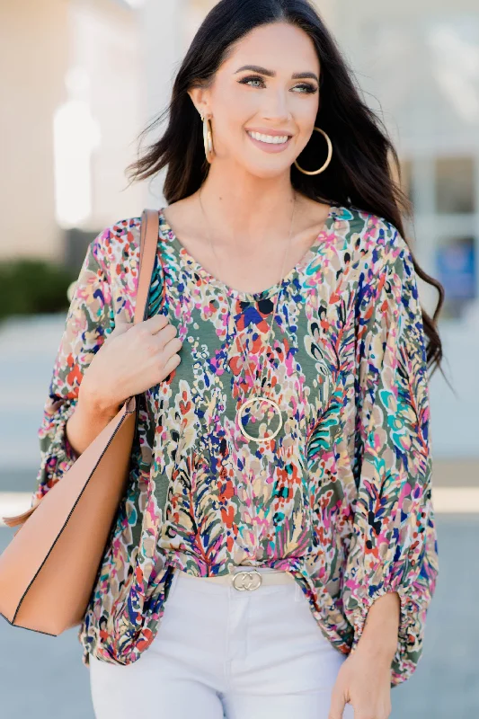 Just You Wait Olive Green Floral Blouse