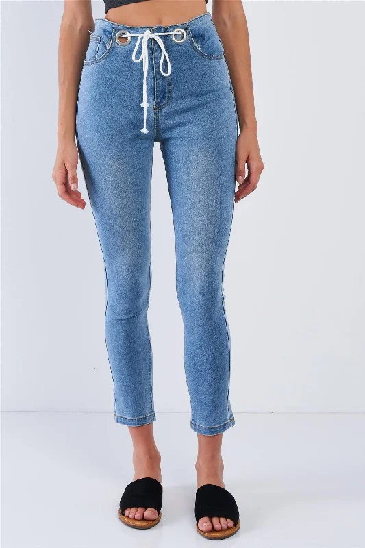 Light Blue Wash Shoelace Tie High Waisted Ankle Length Jean Pants