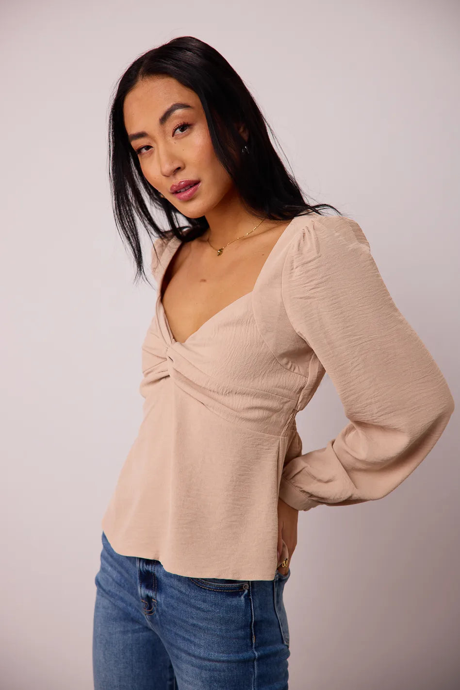 Maeve Twist Front Blouse in Beige