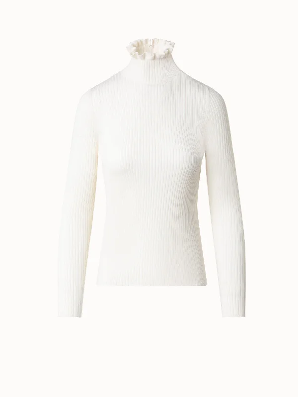 Merino Wool Knit Sweater with Mock Neck and Ruffles