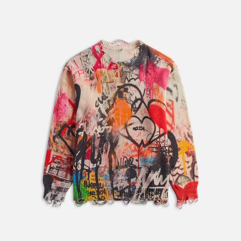 R-13 Printed Boyfriend Sweater - Heart Graffiti