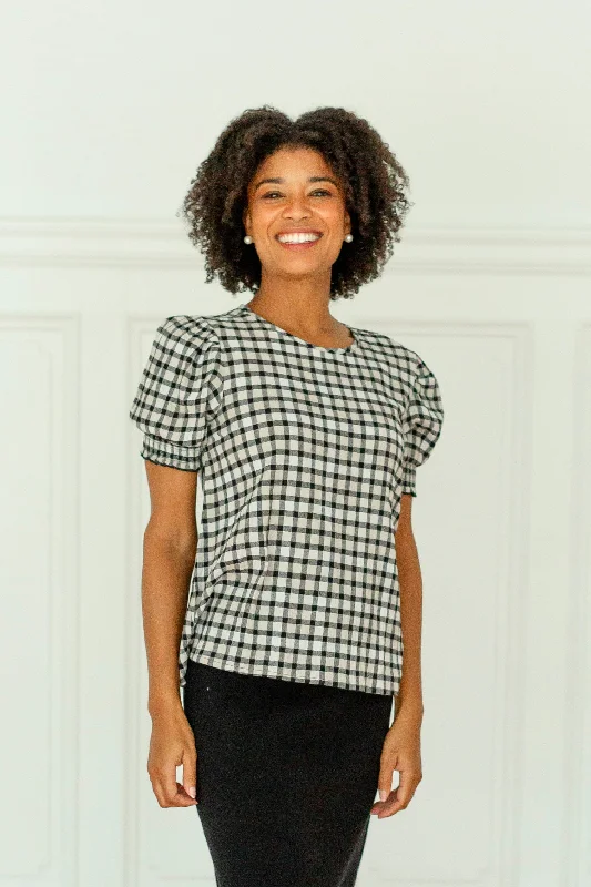 'Barbara' Smocked Sleeve Gingham Cotton Top in Natural