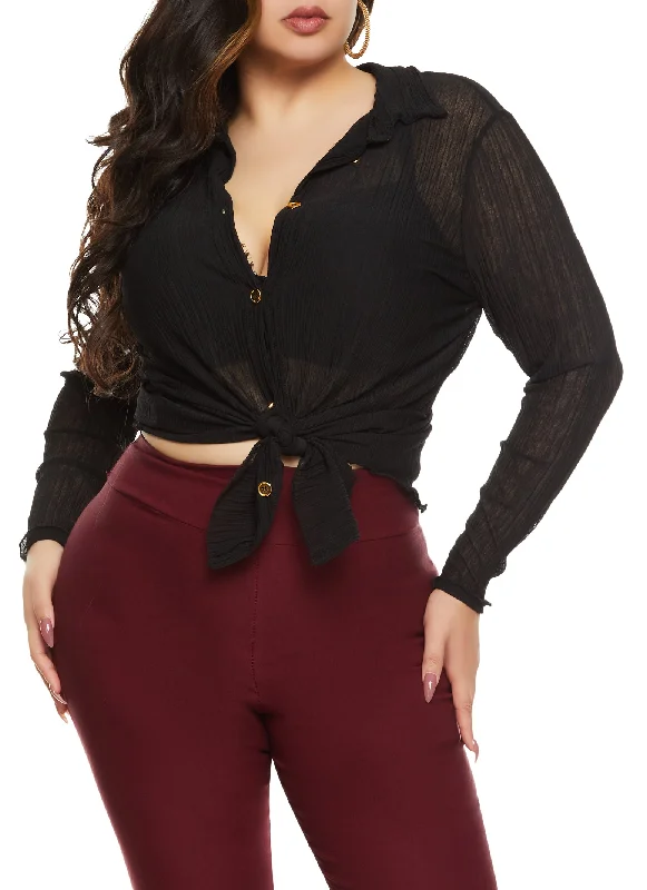 Plus Size Textured Knit Button Front Long Sleeve Shirt