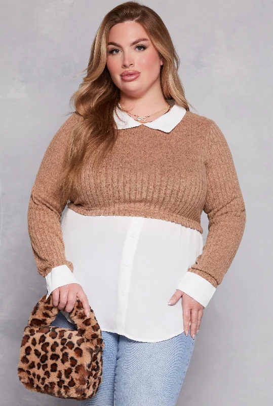 Plus Size Brushed Rib Knit Sweater Blouse