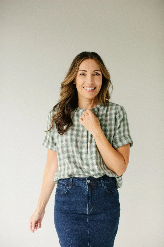 'Fern' Cotton Plaid Button Down Top in Soft Green