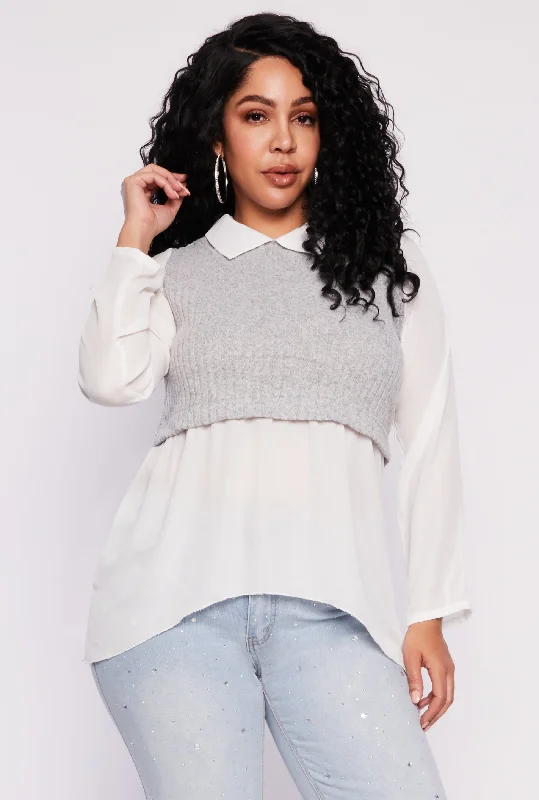 Plus Size Brushed Knit Sweater Vest Blouse