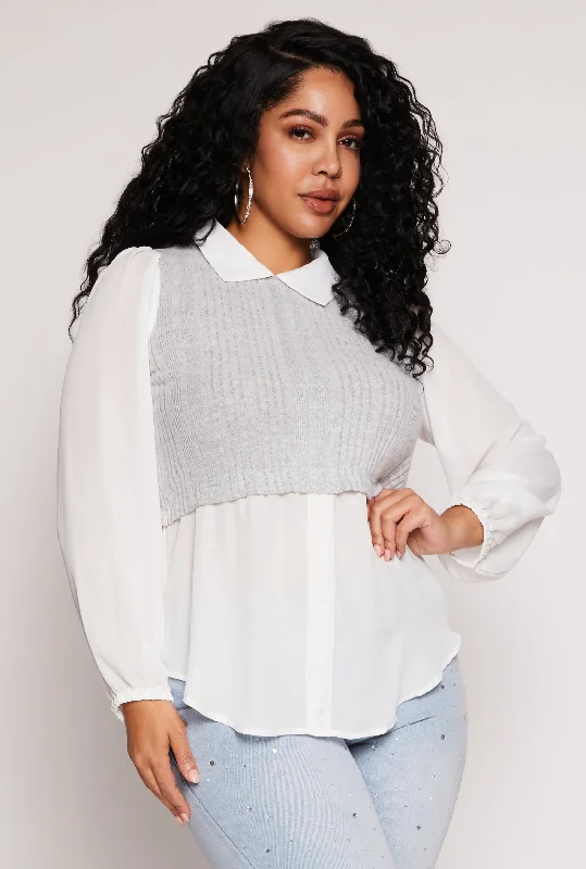 Plus Size Brushed Rib Knit Sweater Vest Blouse