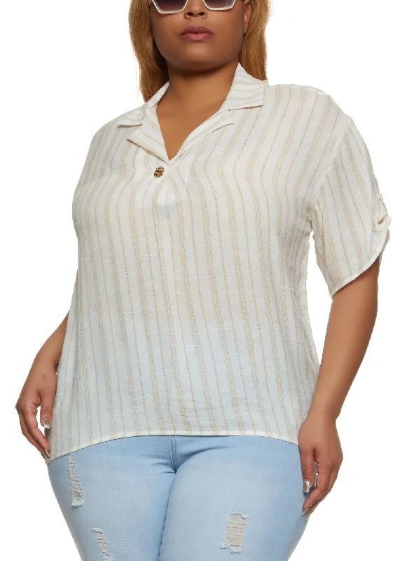 Plus Size Striped Gauze Knit Tabbed Sleeve Shirt