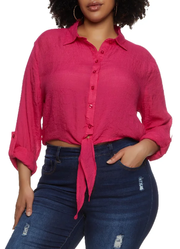 Plus Size Gauze Knit Tie Front Cropped Shirt