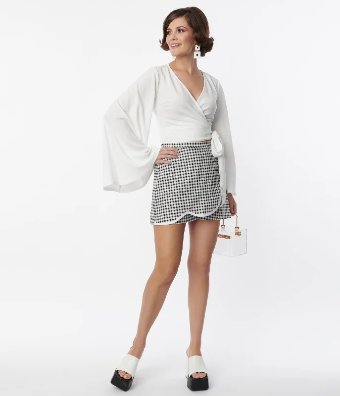 Smak Parlour Black & White Gingham Faux Wrap Scalloped Skort