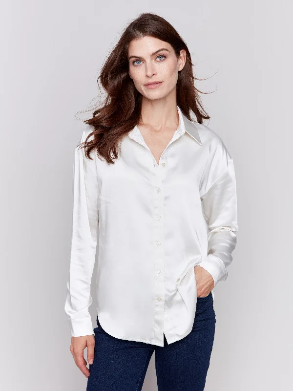 Solid Satin Button-Down Shirt - Ecru