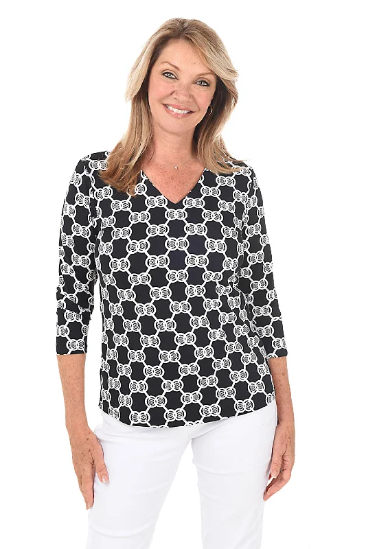 Black Double Medallion Classic UPF50+ V-Neck Top