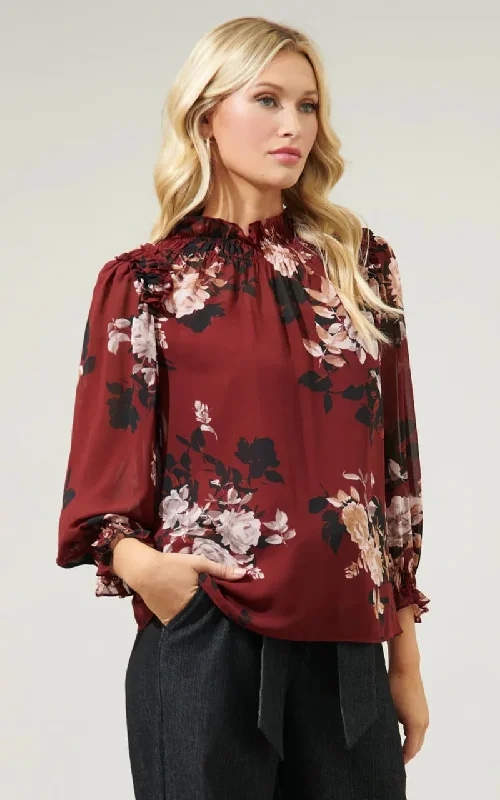 Sugar Lips - Bordeaux Floral Robin Ruffle Blouse