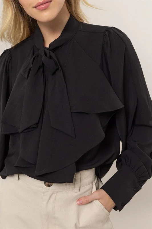 Tie Neck Ruffle Blouse - Black