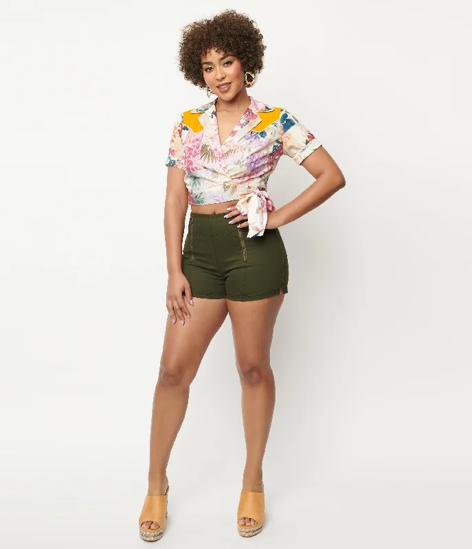 Unique Vintage Olive Denim Summer Love Shorts