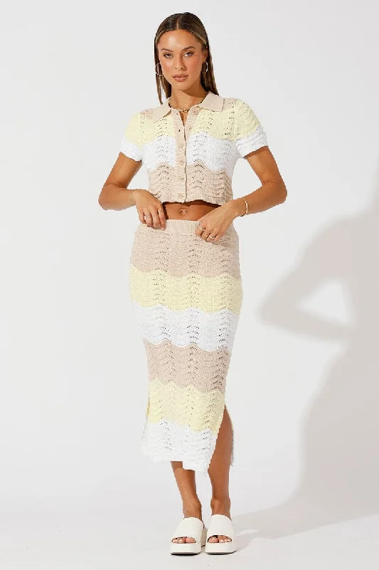 Beige Stripe Knit Skirt Midi Crochet