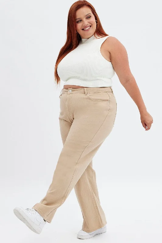 Beige Wide Leg Denim Jeans High Rise