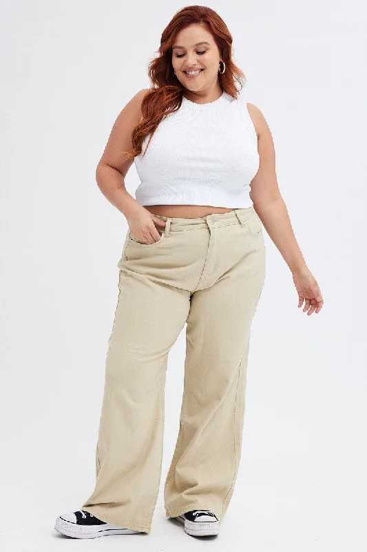 Beige Wide Leg Denim Jeans High Rise