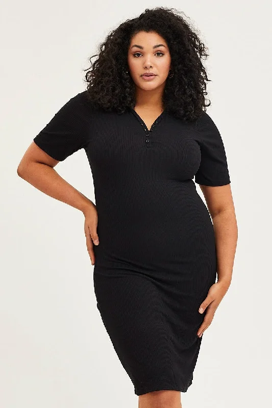 Black Bodycon Dress V-neck Long Sleeve Rib