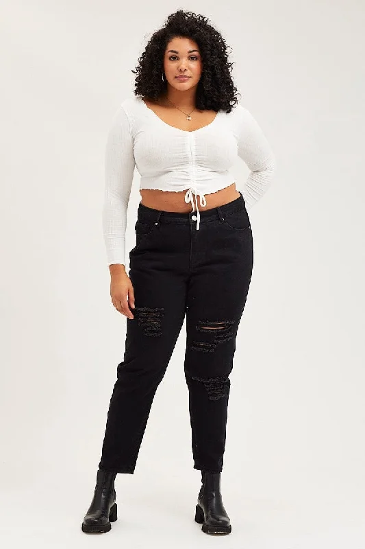 Black Mid Rise Distress Mom Denim Jeans