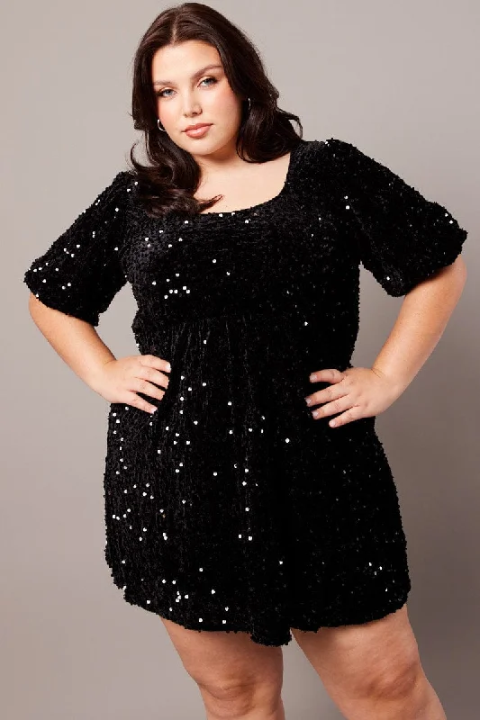 Black Velour Sequin Party Dress