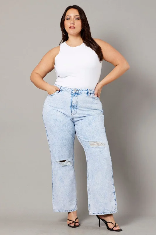 Denim Wide Leg Jeans High Rise Distress Details