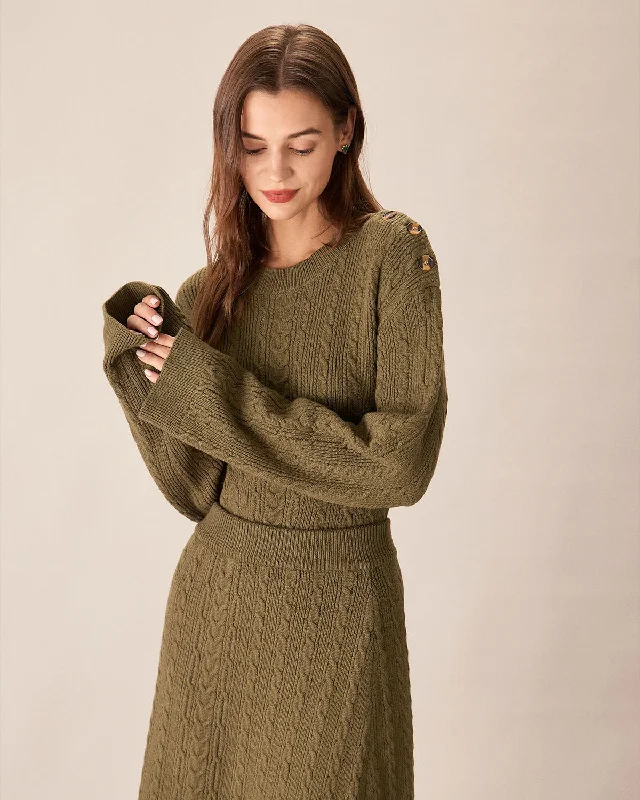 Green Round Neck Loose Button Sweater