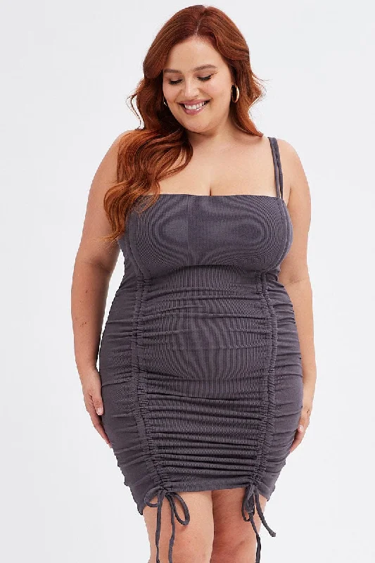 Grey Bodycon Dress Sleeveless Ruched Rib