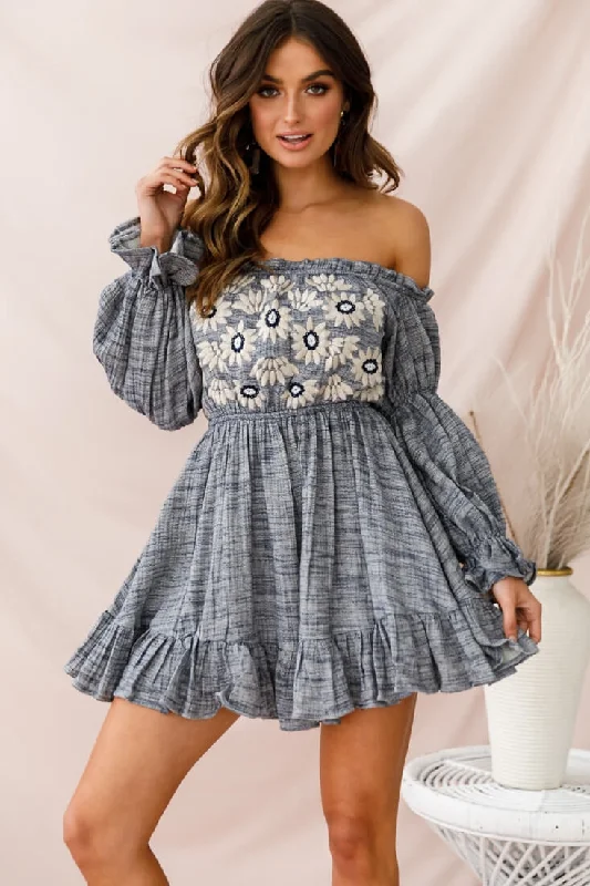 Kayla Off-Shoulder Daisy Embroidered Dress Blue