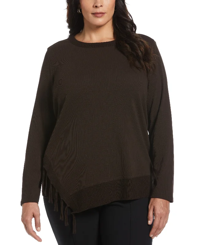 Plus Size Ribbed Asymmetrical Fringe Hem Top