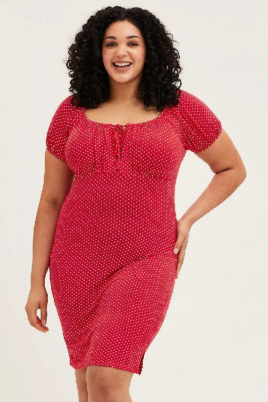 Polka Dot Short Puff Sleeve Red Spot Bodycon Dress