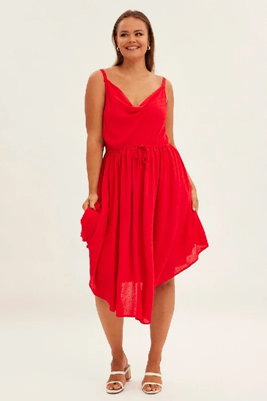 Red Party Dress Strappy V Hem Crinkle Dobby Viscose