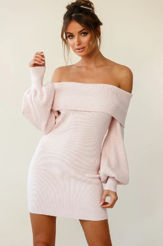 Runaway Off Shoulder Balloon Sleeve Knit Dress Pink