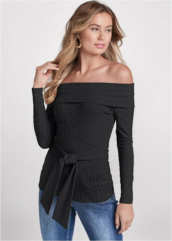 Ribbed Off-The-Shoulder Top - Black