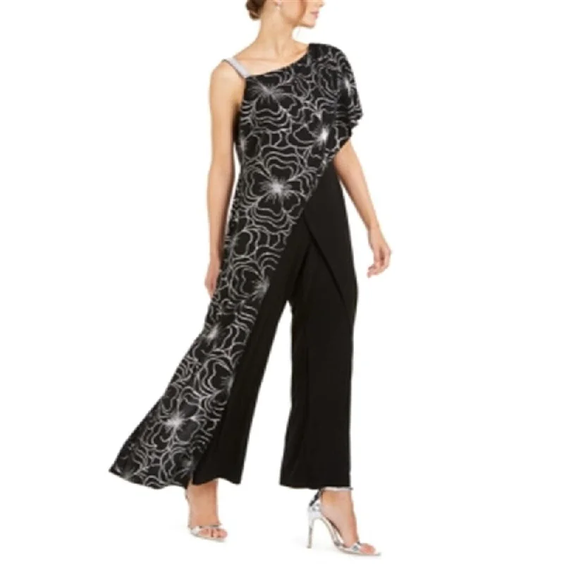 28th & Park Women's Zippered Printed Short Sleeve Asymmetrical Neckline Wide Leg Evening Jumpsuit Black Size 14