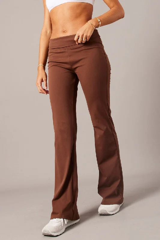 Brown Flared Pants Fold Up Waist Mid Rise