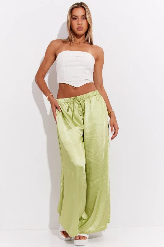 Green Pant High Elastic Waist Tie Front Wide Leg Satin