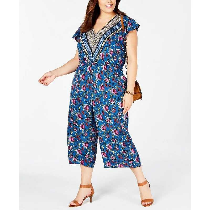 Love Squared Women's Floral Petal Sleeve Cropped Jumpsuit Blue Size 3X